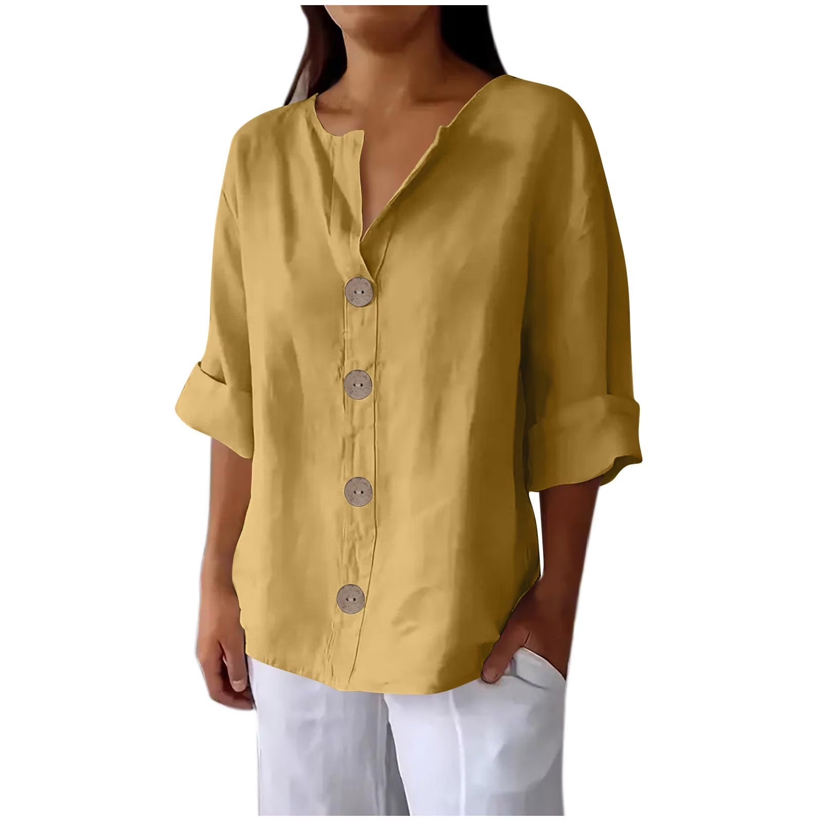 Women'S New Solid Color V-Neck Three Quarter Sleeve 3/4 Loose Cotton and Linen Top with Decorative Buttons Summer Yellow XXXL