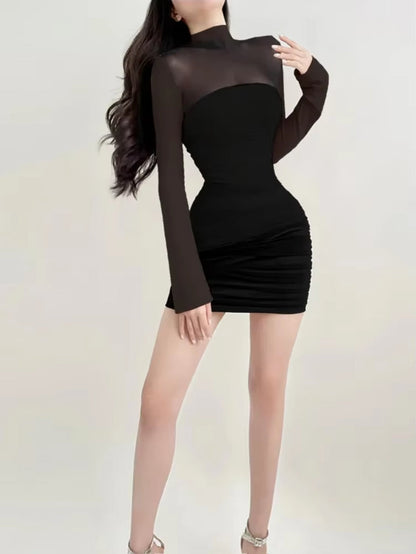 See through Black Bodycon Dress for Women Clothing Slim Sexy Streetwear Long Sleeve Vestidos De Mujer Patchwork Fashion Outfits