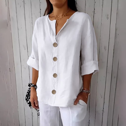 Women'S New Solid Color V-Neck Quarter 3/4 Sleeve Loose Cotton and Linen Button up Top Beach Vacation Clothes for Women White XXXL
