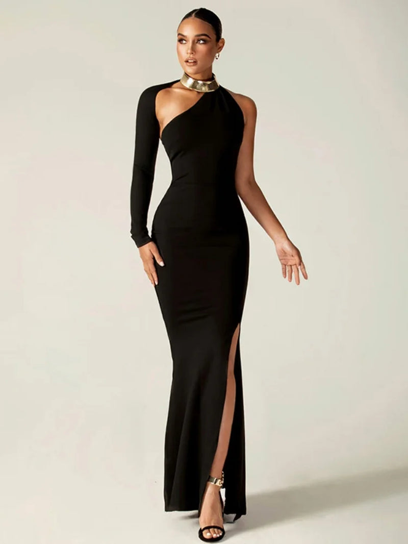 Black Split Bodycon Dress for Women Clothing Slim Sexy Streetwear One Shoulder Long Sleeve Vestidos De Mujer Fashion Outfits