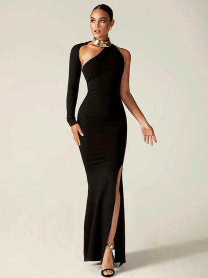 Black Split Bodycon Dress for Women Clothing Slim Sexy Streetwear One Shoulder Long Sleeve Vestidos De Mujer Fashion Outfits