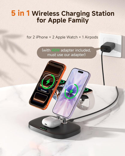 5-In-1 Magnetic Wireless Charger Dual Phone & Dual 5W Fast for Apple Watch |  902M Charging Stand, Fast Charging Station, Compatible with Iphone 17-12, for Apple Watch Ultra/11-7
