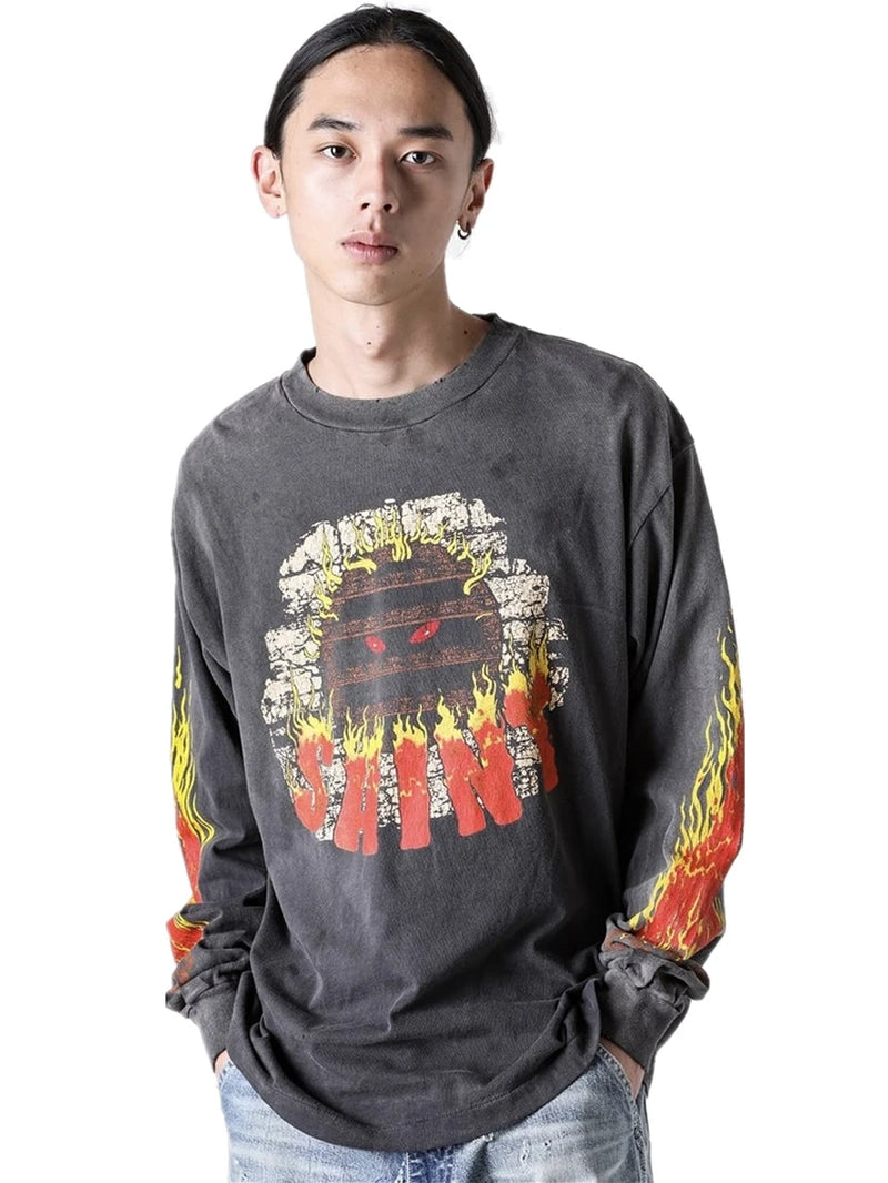 Yao Fashion SAINT of Michael Flame Graphics Print Casual Vintage Streetwear Long Sleeve Men Clothing Oversize Baggy Men T Shirt