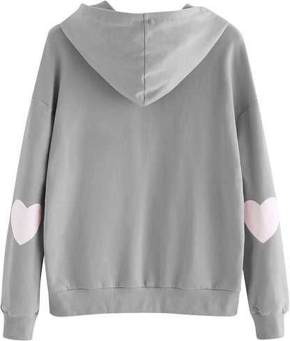 Hoodies for Women Fashion Drawstring Heart Print Pullover Sweatshirts Long Sleeve Fall Tops Sweaters Blouses