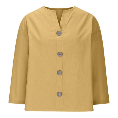 Women'S New Solid Color V-Neck Three Quarter Sleeve 3/4 Loose Cotton and Linen Top with Decorative Buttons Summer Yellow XXXL