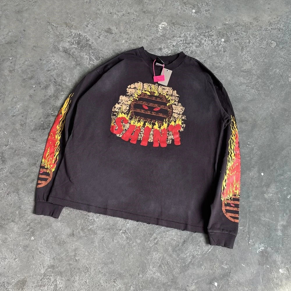 Yao Fashion SAINT of Michael Flame Graphics Print Casual Vintage Streetwear Long Sleeve Men Clothing Oversize Baggy Men T Shirt