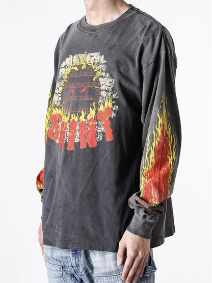 Yao Fashion SAINT of Michael Flame Graphics Print Casual Vintage Streetwear Long Sleeve Men Clothing Oversize Baggy Men T Shirt