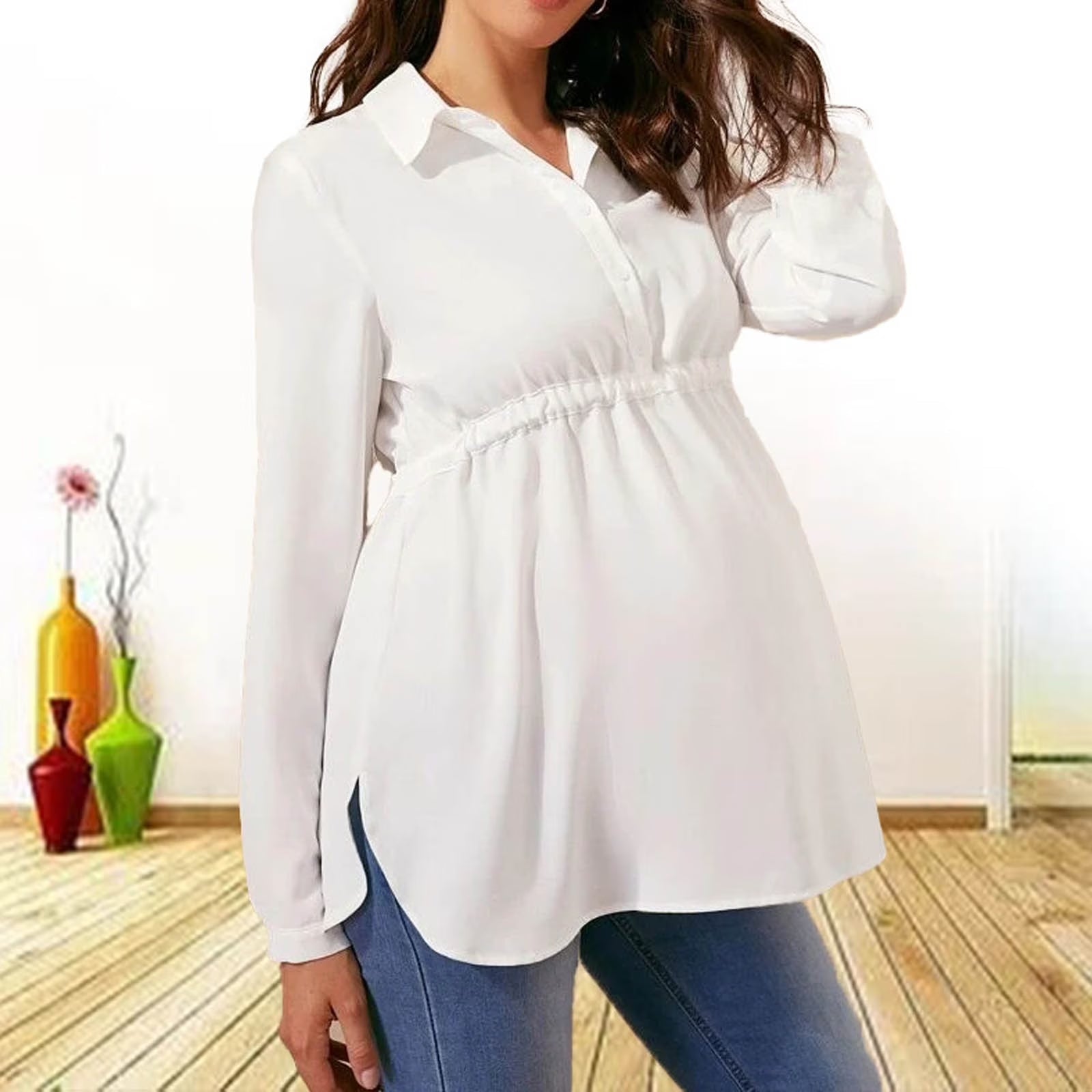 Winter Maternity Clothes,Long Sleeve Maternity Tops,Nursing Maternity Shirts,V-Neck Shirt Solid Color Women Clothing Pleated High Waisted Lace up Pregnant Shirt