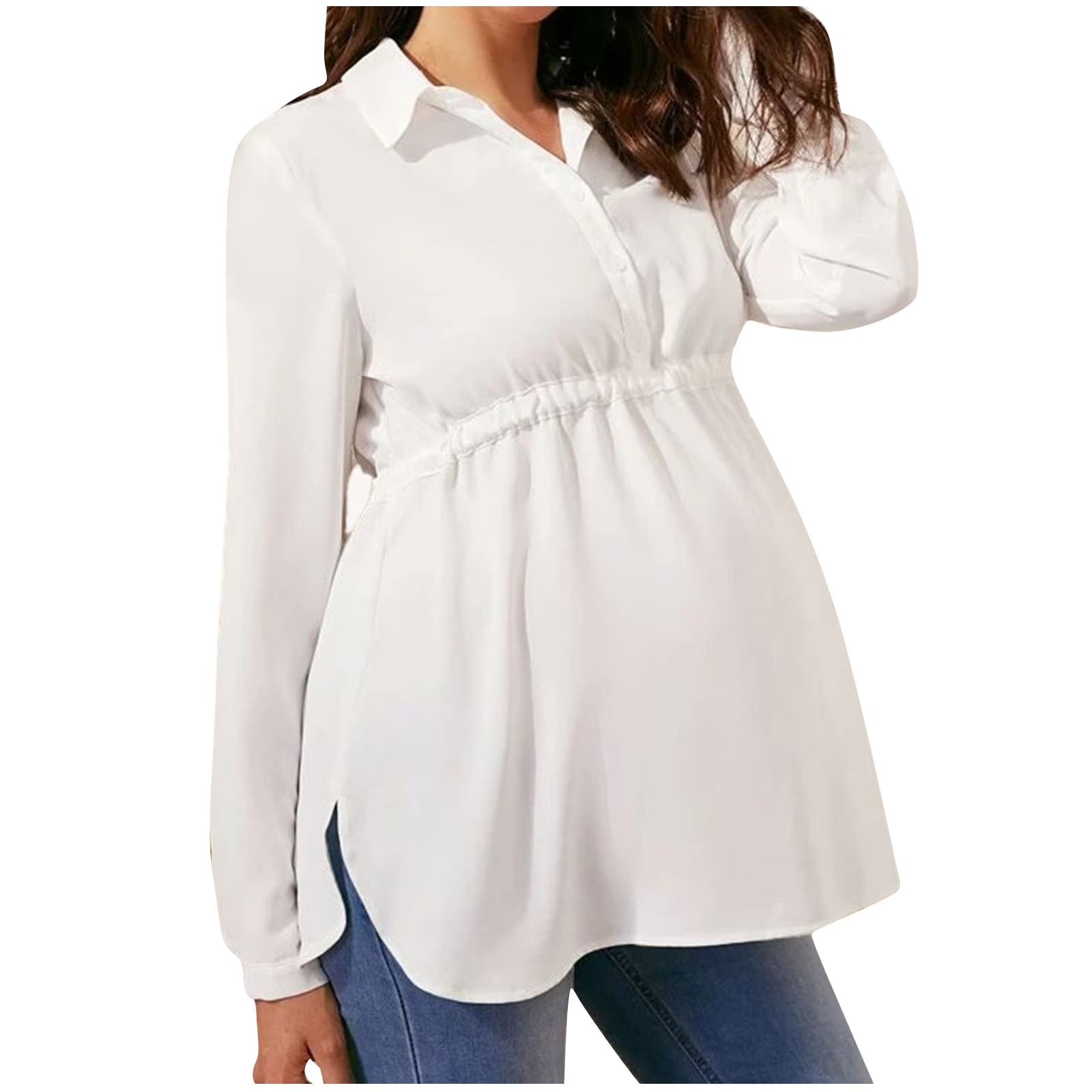 Winter Maternity Clothes,Long Sleeve Maternity Tops,Nursing Maternity Shirts,V-Neck Shirt Solid Color Women Clothing Pleated High Waisted Lace up Pregnant Shirt