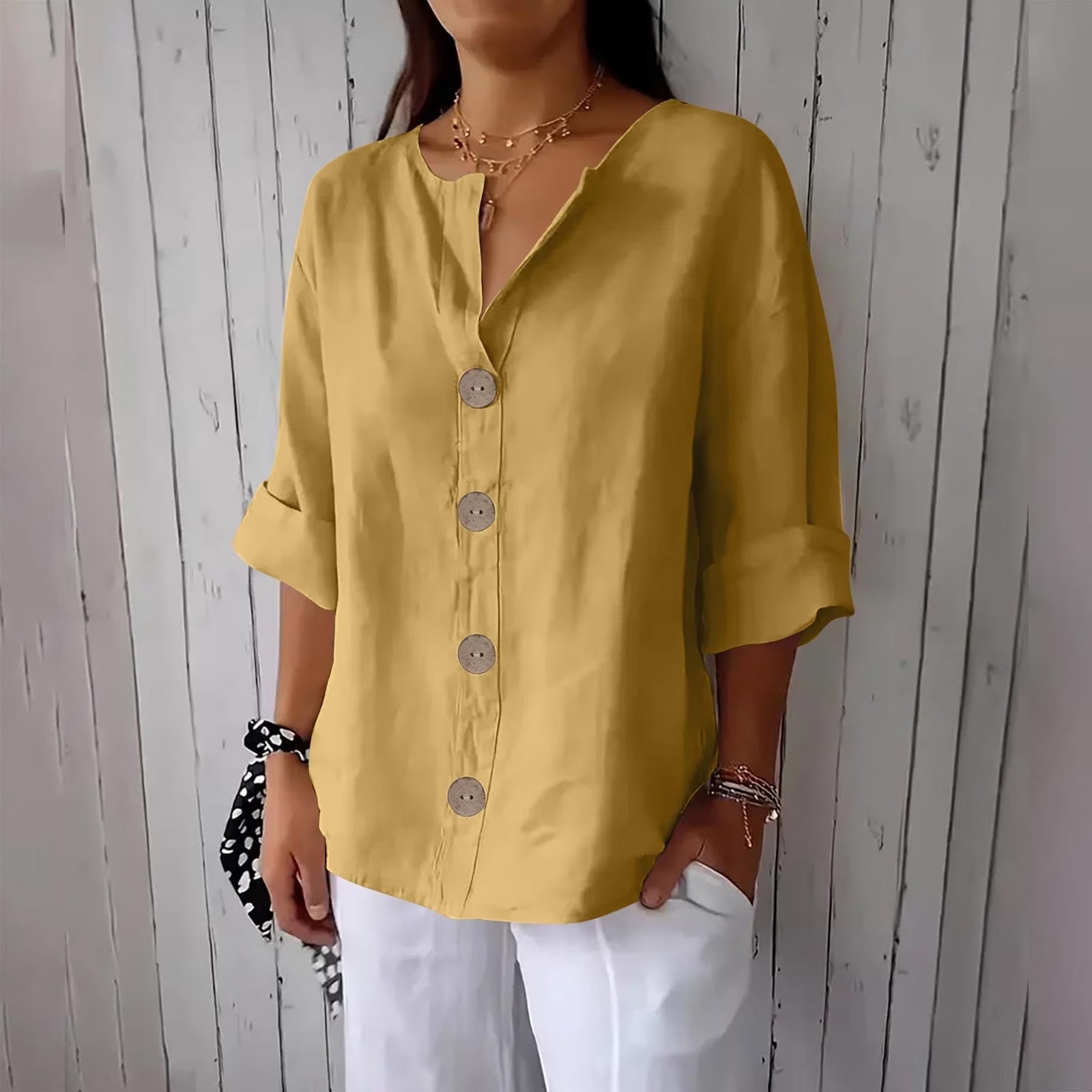 Women'S New Solid Color V-Neck Three Quarter Sleeve 3/4 Loose Cotton and Linen Top with Decorative Buttons Summer Yellow XXXL