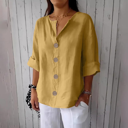 Women'S New Solid Color V-Neck Three Quarter Sleeve 3/4 Loose Cotton and Linen Top with Decorative Buttons Summer Yellow XXXL