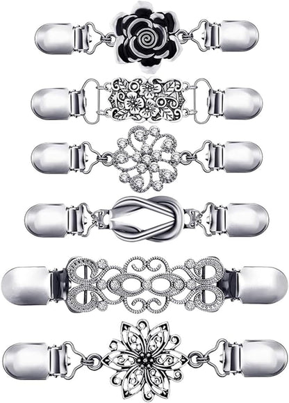 6Pcs Silver Vintage Dress Cinch Clip for Women Clothing Waist Cincher Clip | Metal Waist Cincher Clip Retro Sweater Clips for Cardigans Retro Styles Shirt Brooch Clips Durable Shawl Clip Easy-To-Use