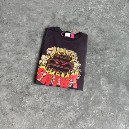Yao Fashion SAINT of Michael Flame Graphics Print Casual Vintage Streetwear Long Sleeve Men Clothing Oversize Baggy Men T Shirt