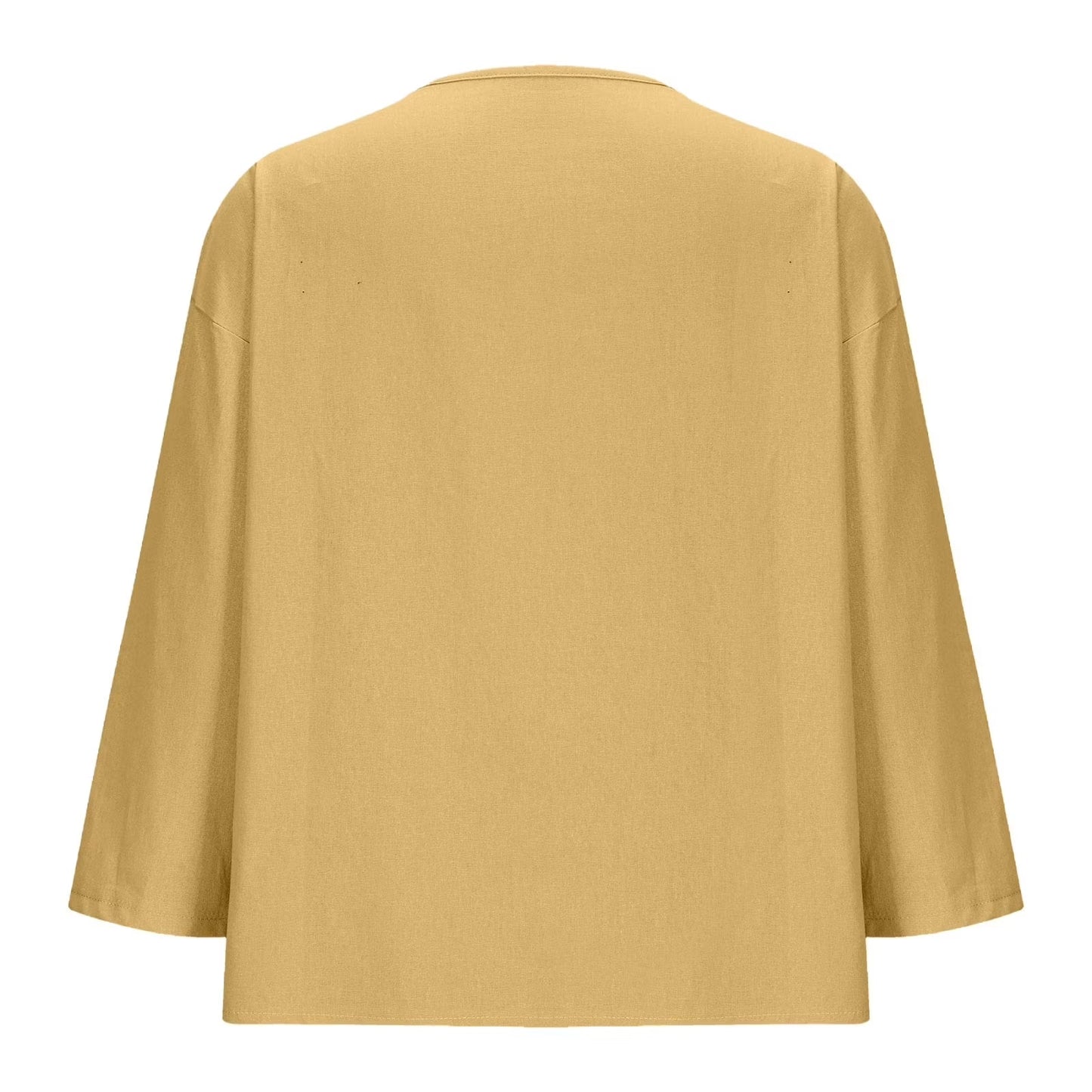 Women'S New Solid Color V-Neck Three Quarter Sleeve 3/4 Loose Cotton and Linen Top with Decorative Buttons Summer Yellow XXXL
