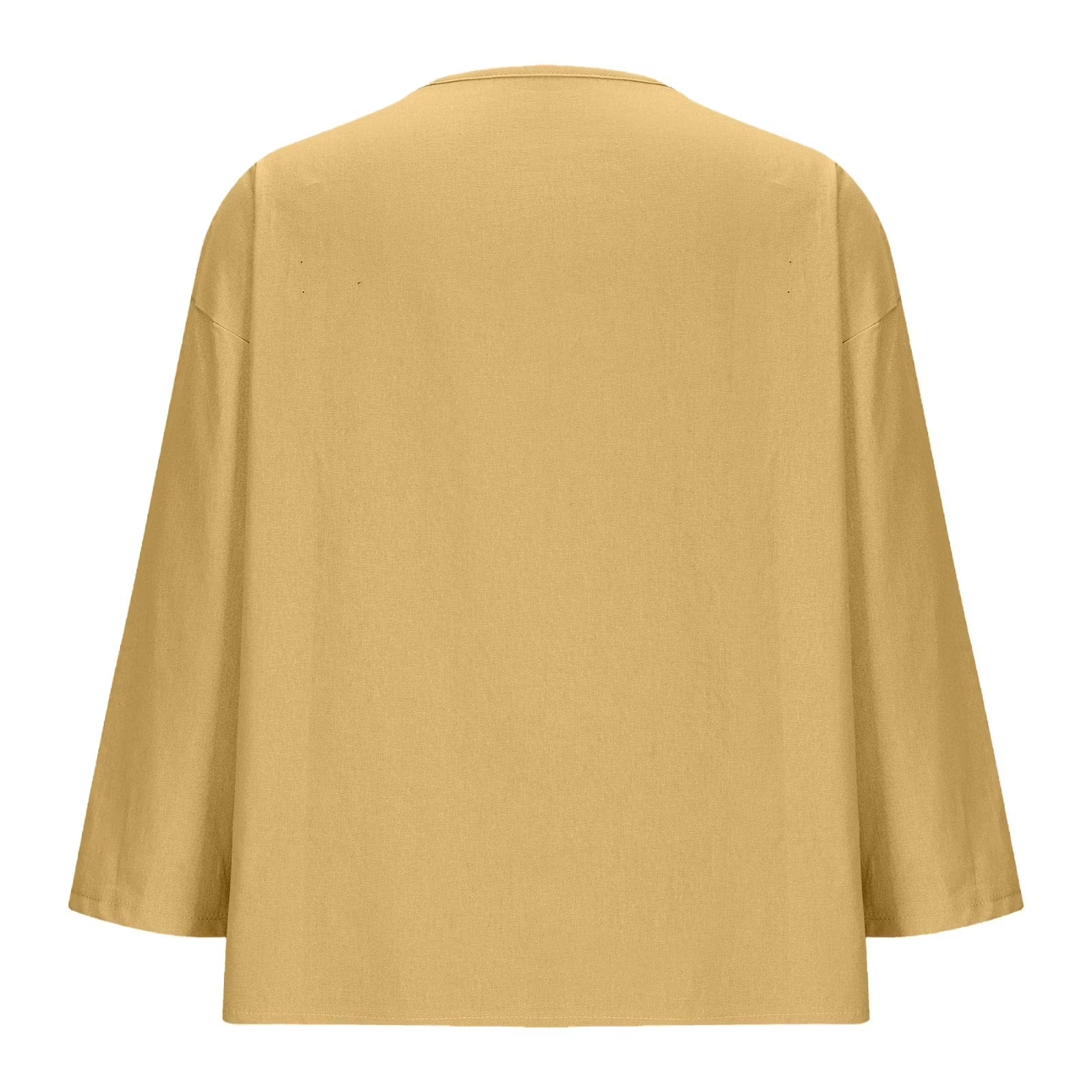 Women'S New Solid Color V-Neck Three Quarter Sleeve 3/4 Loose Cotton and Linen Top with Decorative Buttons Summer Yellow XXXL