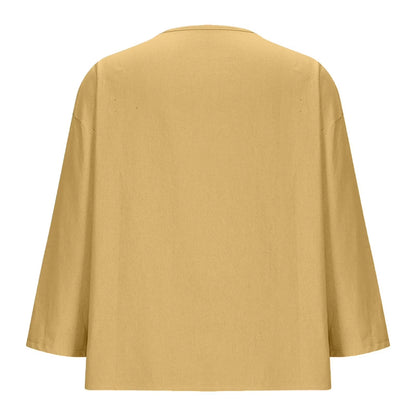 Women'S New Solid Color V-Neck Three Quarter Sleeve 3/4 Loose Cotton and Linen Top with Decorative Buttons Summer Yellow XXXL